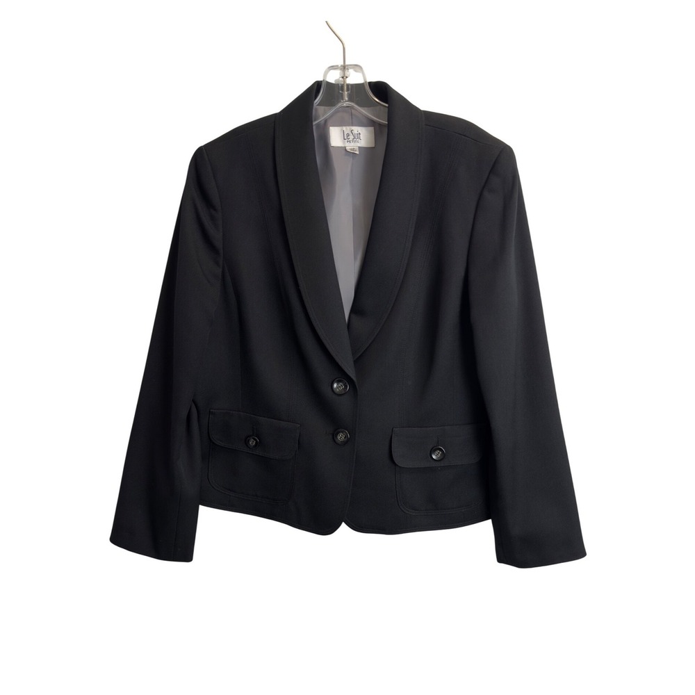 Le Suit Petite Black Shawl Collar Two Button Blazer Jacket Womens 14P Pockets